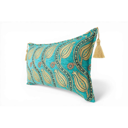Turkish Fabric Pillow Cover 12x20, Turquoise Blue Boho Throw Pillow, Running Water Tulip Pattern Decorative Sofa Accent Ethnic