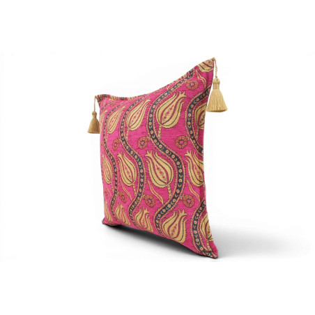 Turkish Fabric Pillow Cover 18x18, Mazenda Pink Boho Throw Pillow, Running Water Tulip Pattern Decorative Sofa Accent Ethnic