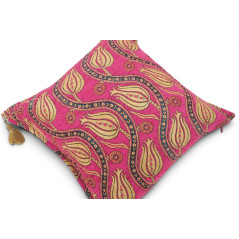 Turkish Fabric Pillow Cover 18x18, Mazenda Pink Boho Throw Pillow, Running Water Tulip Pattern Decorative Sofa Accent Ethnic