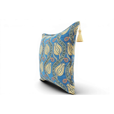Fabric Pillow, Fabric Pillow 18x18, Navy Blue Water Line Tulip Pattern Turkish Fabric Pillow, Decorative Accent and Throw Pillow