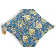 Turkish Fabric Pillow Cover 18x18, Royal Blue Boho Throw Pillow, Running Water Tulip Pattern Decorative Sofa Accent Ethnic Case