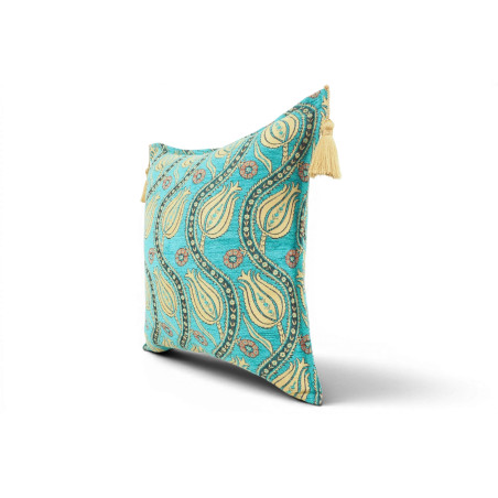 Turkish Fabric Pillow Cover 18x18, Turquoise Blue Boho Throw Pillow, Running Water Tulip Pattern Decorative Sofa Accent Ethnic