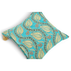 Turkish Fabric Pillow Cover 18x18, Turquoise Blue Boho Throw Pillow, Running Water Tulip Pattern Decorative Sofa Accent Ethnic