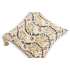 Turkish Fabric Pillow Cover 18x18, Beige Boho Throw Pillow, Running Water Tulip Pattern Decorative Sofa Accent Ethnic Cushion