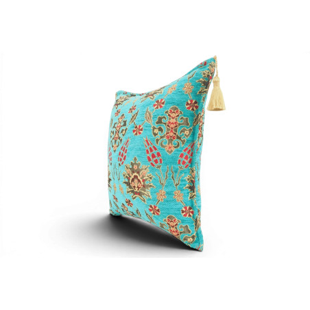 Turkish Fabric Pillow Cover 18x18, Turquoise Blue Boho Throw Pillow,Topkapi Palace Pattern Decorative Sofa Accent Ethnic Cushion
