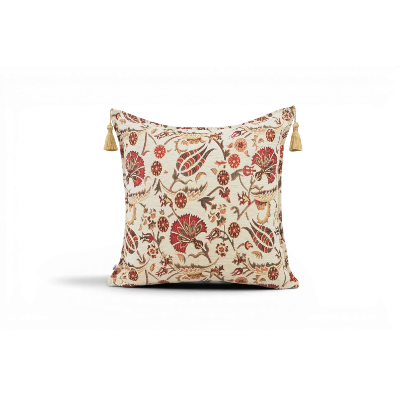 Turkish Fabric Pillow Cover 18x18, Beige Boho Throw Pillow,Caucasus Carnation Pattern Decorative Sofa Accent Ethnic Cushion Case