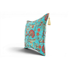 Turkish Fabric Pillow Cover 18x18, Turquoise Blue Boho Throw Pillow, Caucasus Carnation Pattern Decorative Sofa Accent Ethnic