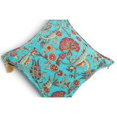 Turkish Fabric Pillow Cover 18x18, Turquoise Blue Boho Throw Pillow, Caucasus Carnation Pattern Decorative Sofa Accent Ethnic