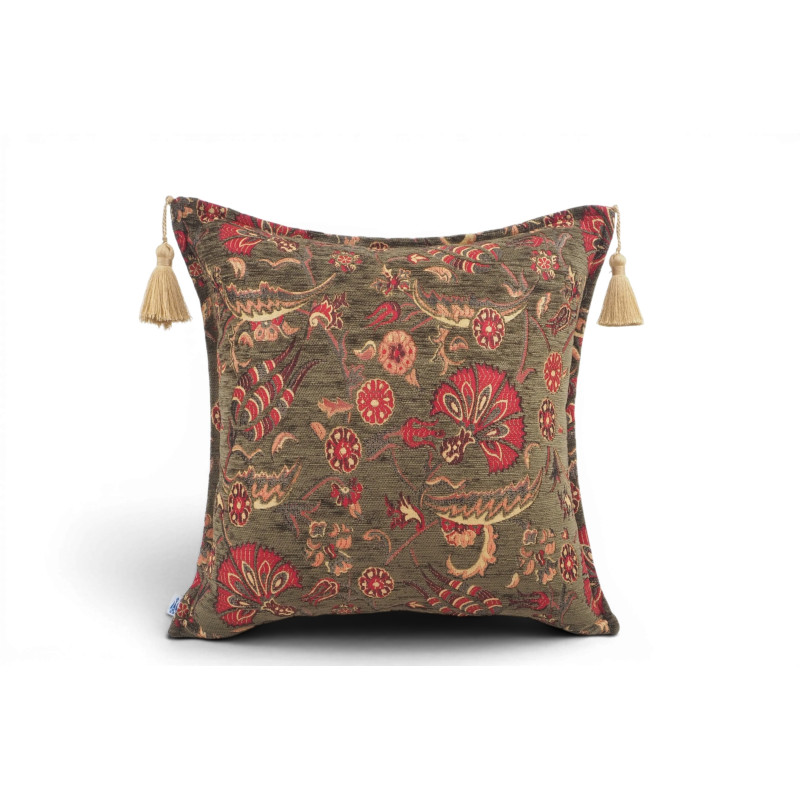 Turkish Fabric Pillow Cover 18x18, Moss Green Boho Throw Pillow,Caucasus Carnation Pattern Decorative Sofa Accent Ethnic Cushion