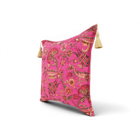 Turkish Fabric Pillow Cover 18x18, Mazenda Pink Boho Throw Pillow, Caucasus Carnation Pattern Decorative Sofa Accent Ethnic Case