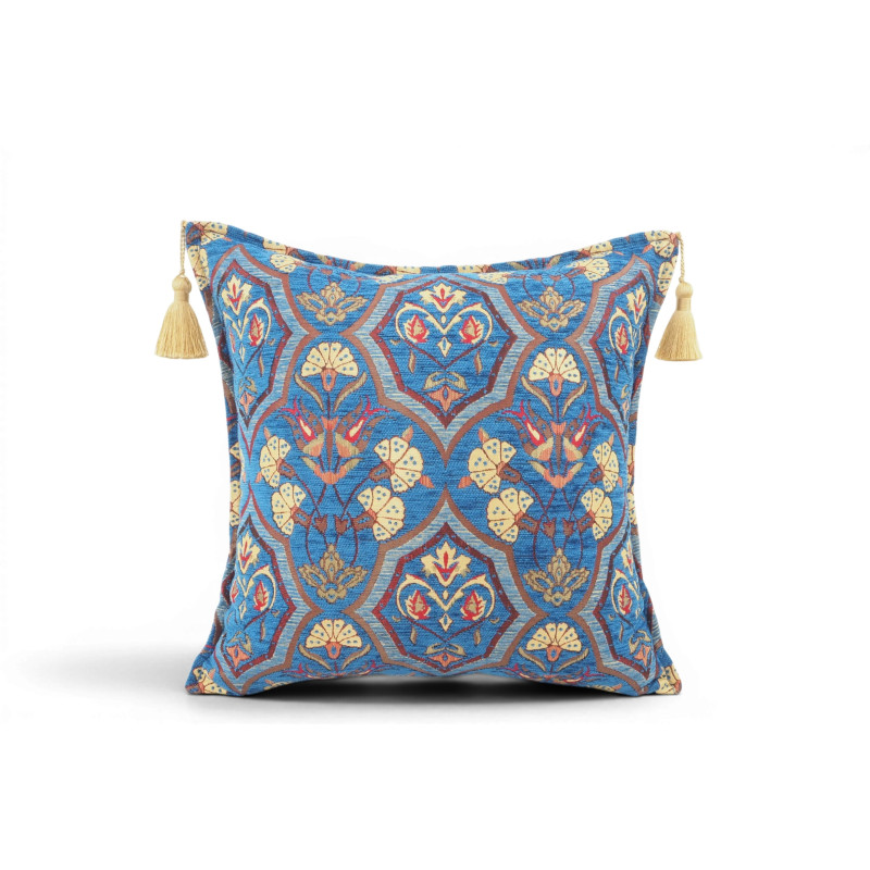 Turkish Fabric Pillow Cover 18x18, Royal Blue Boho Throw Pillow, Carnation Pattern Decorative Sofa Accent Ethnic Cushion Case