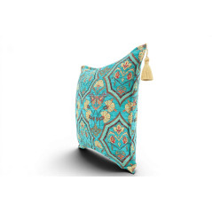 Turkish Fabric Pillow Cover 18x18, Turquoise Blue Boho Throw Pillow,Carnation Pattern Decorative Sofa Accent Ethnic Cushion Case