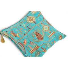 Turkish Fabric Pillow Cover 18x18, Turquoise Blue Boho Throw Pillow, Dream Pattern Decorative Sofa Accent Ethnic Cushion Case