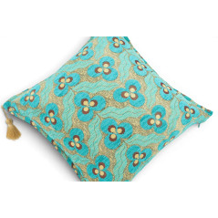 Turkish Fabric Pillow Cover 18x18, Turquoise Blue Boho Throw Pillow, Tiger Eyes Pattern Decorative Sofa Accent Ethnic Cushion