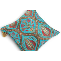 Turkish Fabric Pillow Cover 18x18, Turquoise Blue Boho Throw Pillow, Morocco Tulip Pattern Decorative Sofa Accent Ethnic Cushion