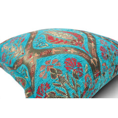 Turkish Fabric Pillow Cover 18x18, Turquoise Blue Boho Throw Pillow, Morocco Tulip Pattern Decorative Sofa Accent Ethnic Cushion