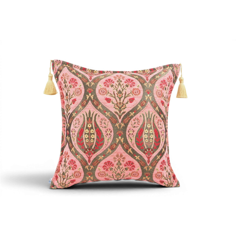 Turkish Fabric Pillow Cover 18x18, Pale Pink Boho Throw Pillow, Morocco Tulip Pattern Decorative Sofa Accent Ethnic Cushion Case