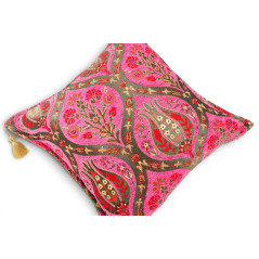 Turkish Fabric Pillow Cover 18x18, Mazenda Pink Boho Throw Pillow, Morocco Tulip Pattern Decorative Sofa Accent Ethnic Cushion