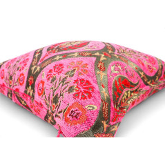 Turkish Fabric Pillow Cover 18x18, Mazenda Pink Boho Throw Pillow, Morocco Tulip Pattern Decorative Sofa Accent Ethnic Cushion